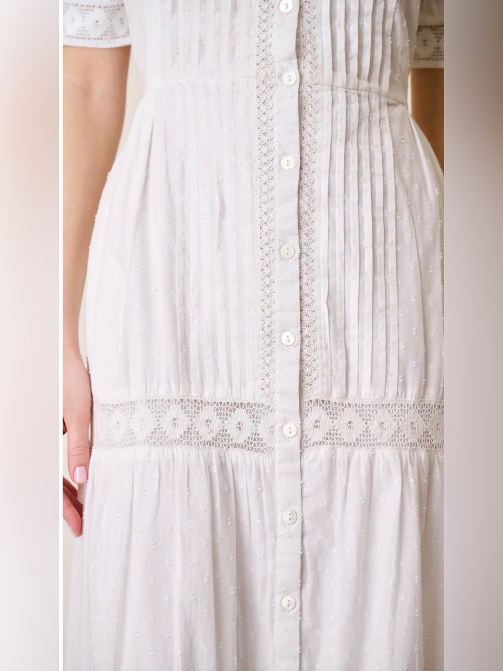 White Button-Front Midi Dress with Lace Trim - Picture 7 of 15